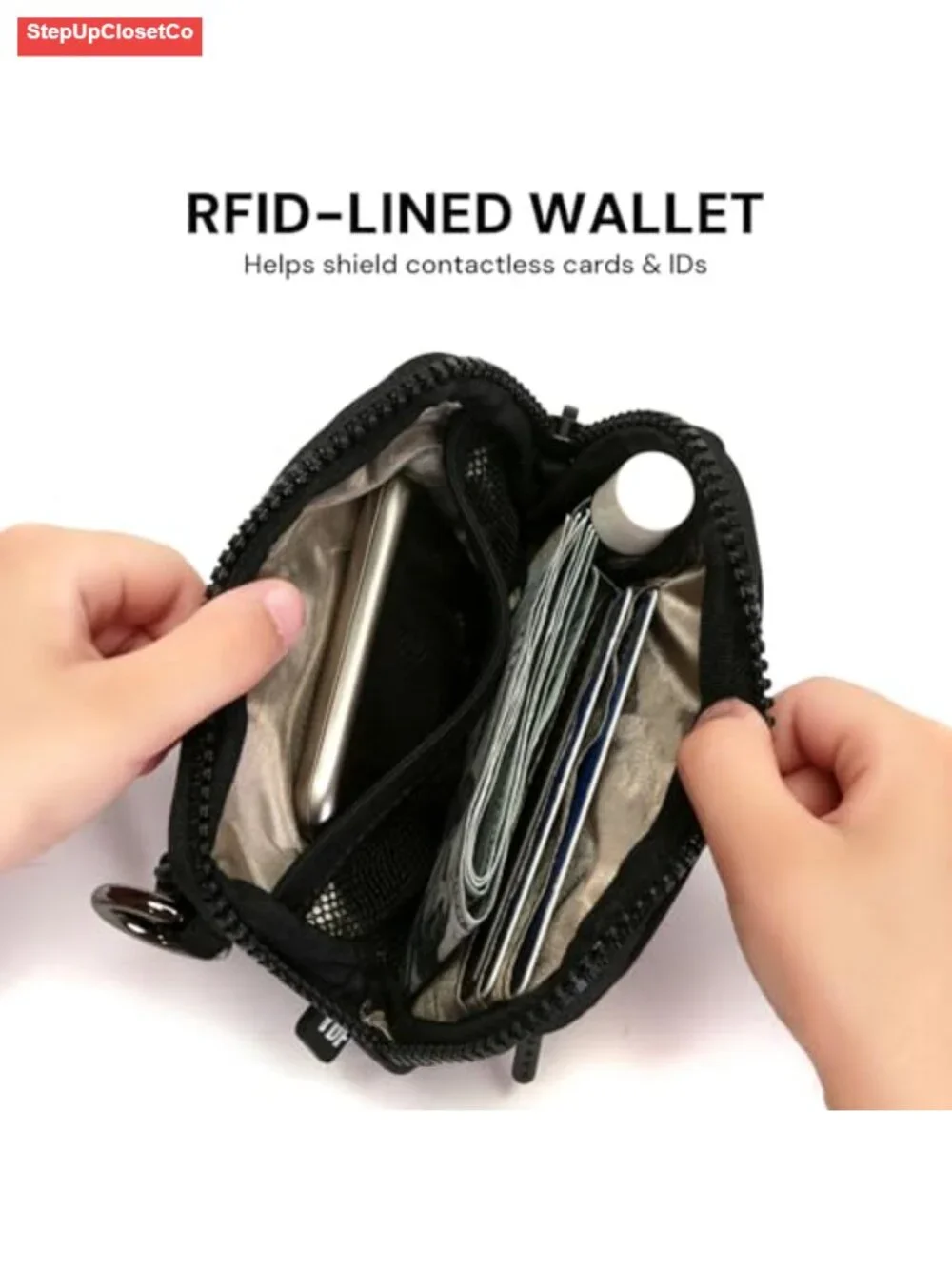 RFID Blocking Nylon Wristlet Wallet with ID Window & Lipstick Holder